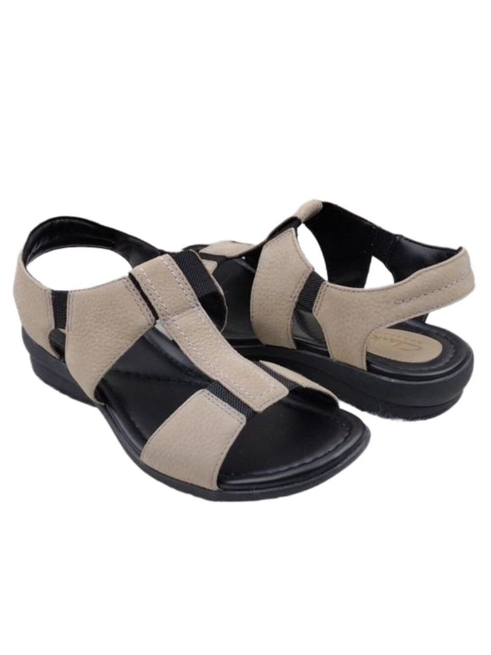 Clarks Artisan Natural Leather Elastic T-Strap Open Toe Low Heel Slingback Shoe
